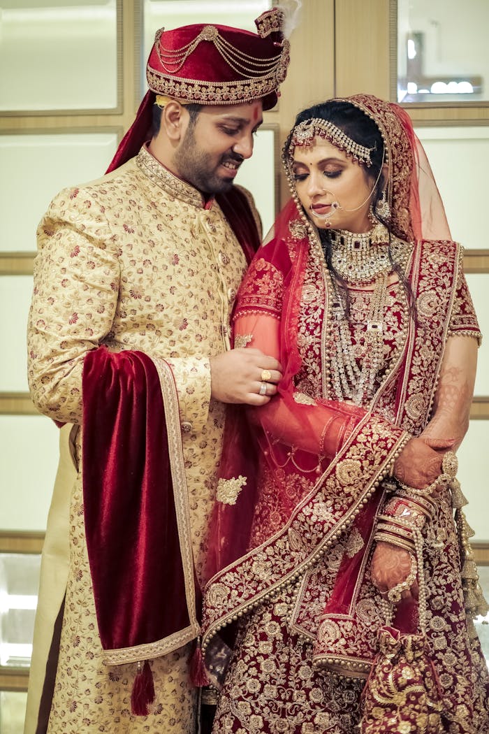 Bride and Groom in Traditional Ornamented Detailed Clothing 